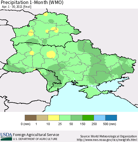 Ukraine, Moldova and Belarus Precipitation 1-Month (WMO) Thematic Map For 4/1/2021 - 4/30/2021