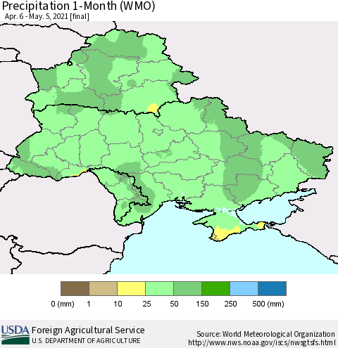 Ukraine, Moldova and Belarus Precipitation 1-Month (WMO) Thematic Map For 4/6/2021 - 5/5/2021