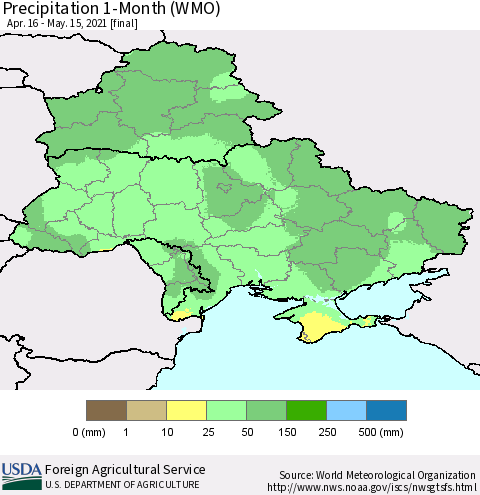 Ukraine, Moldova and Belarus Precipitation 1-Month (WMO) Thematic Map For 4/16/2021 - 5/15/2021