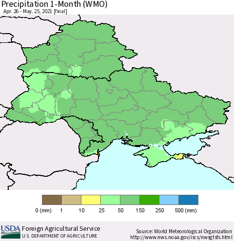 Ukraine, Moldova and Belarus Precipitation 1-Month (WMO) Thematic Map For 4/26/2021 - 5/25/2021