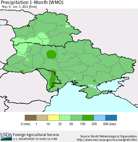 Ukraine, Moldova and Belarus Precipitation 1-Month (WMO) Thematic Map For 5/6/2021 - 6/5/2021