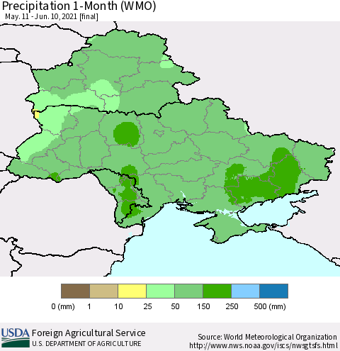 Ukraine, Moldova and Belarus Precipitation 1-Month (WMO) Thematic Map For 5/11/2021 - 6/10/2021