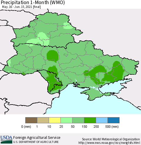 Ukraine, Moldova and Belarus Precipitation 1-Month (WMO) Thematic Map For 5/16/2021 - 6/15/2021