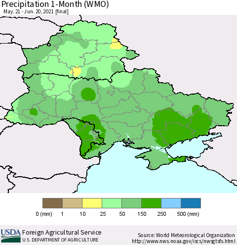 Ukraine, Moldova and Belarus Precipitation 1-Month (WMO) Thematic Map For 5/21/2021 - 6/20/2021