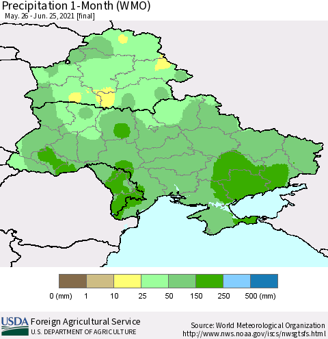 Ukraine, Moldova and Belarus Precipitation 1-Month (WMO) Thematic Map For 5/26/2021 - 6/25/2021