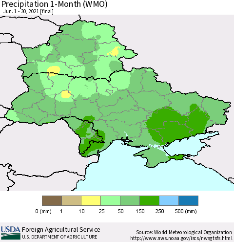 Ukraine, Moldova and Belarus Precipitation 1-Month (WMO) Thematic Map For 6/1/2021 - 6/30/2021