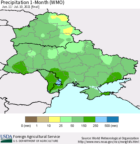 Ukraine, Moldova and Belarus Precipitation 1-Month (WMO) Thematic Map For 6/11/2021 - 7/10/2021