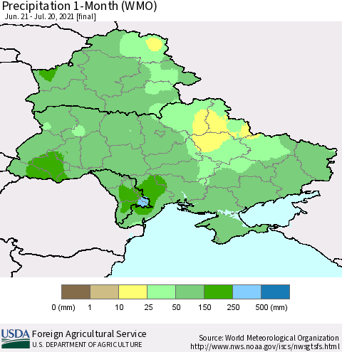 Ukraine, Moldova and Belarus Precipitation 1-Month (WMO) Thematic Map For 6/21/2021 - 7/20/2021
