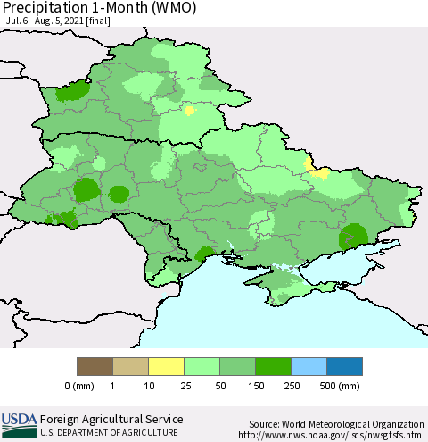 Ukraine, Moldova and Belarus Precipitation 1-Month (WMO) Thematic Map For 7/6/2021 - 8/5/2021
