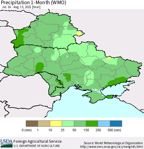 Ukraine, Moldova and Belarus Precipitation 1-Month (WMO) Thematic Map For 7/16/2021 - 8/15/2021