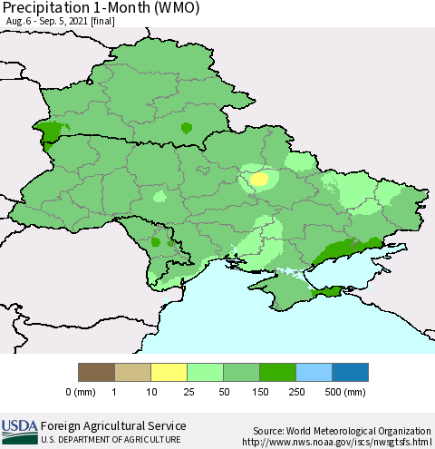 Ukraine, Moldova and Belarus Precipitation 1-Month (WMO) Thematic Map For 8/6/2021 - 9/5/2021