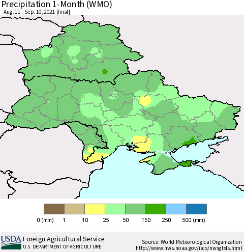 Ukraine, Moldova and Belarus Precipitation 1-Month (WMO) Thematic Map For 8/11/2021 - 9/10/2021