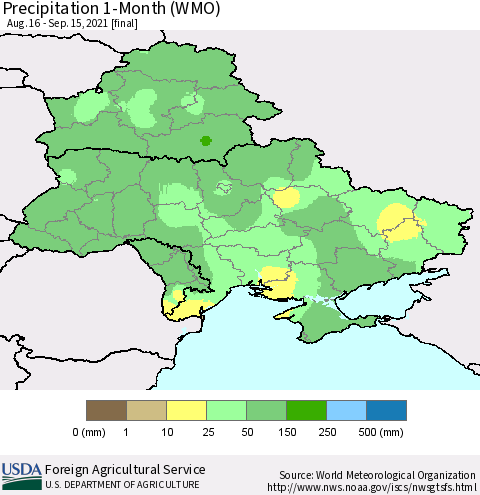 Ukraine, Moldova and Belarus Precipitation 1-Month (WMO) Thematic Map For 8/16/2021 - 9/15/2021