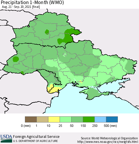 Ukraine, Moldova and Belarus Precipitation 1-Month (WMO) Thematic Map For 8/21/2021 - 9/20/2021