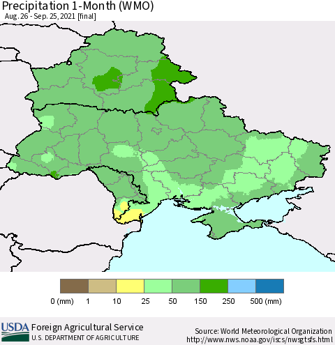 Ukraine, Moldova and Belarus Precipitation 1-Month (WMO) Thematic Map For 8/26/2021 - 9/25/2021