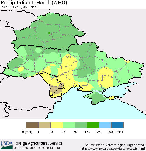Ukraine, Moldova and Belarus Precipitation 1-Month (WMO) Thematic Map For 9/6/2021 - 10/5/2021