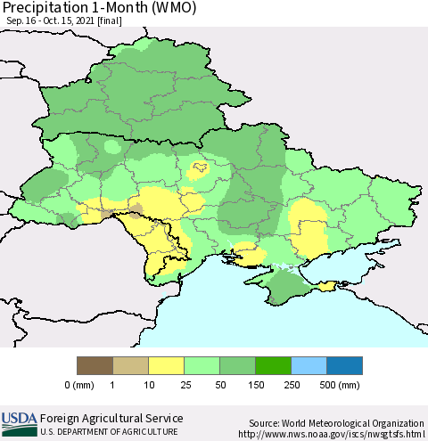 Ukraine, Moldova and Belarus Precipitation 1-Month (WMO) Thematic Map For 9/16/2021 - 10/15/2021