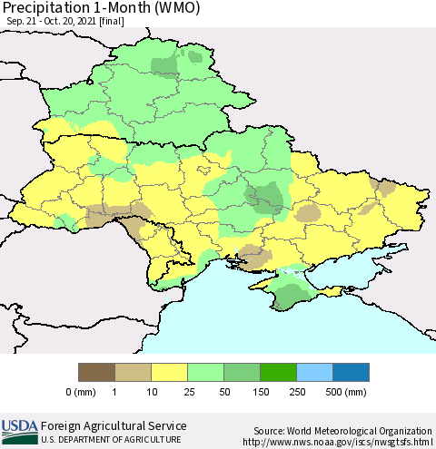 Ukraine, Moldova and Belarus Precipitation 1-Month (WMO) Thematic Map For 9/21/2021 - 10/20/2021