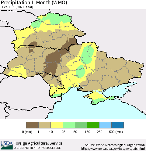 Ukraine, Moldova and Belarus Precipitation 1-Month (WMO) Thematic Map For 10/1/2021 - 10/31/2021