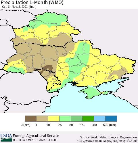 Ukraine, Moldova and Belarus Precipitation 1-Month (WMO) Thematic Map For 10/6/2021 - 11/5/2021