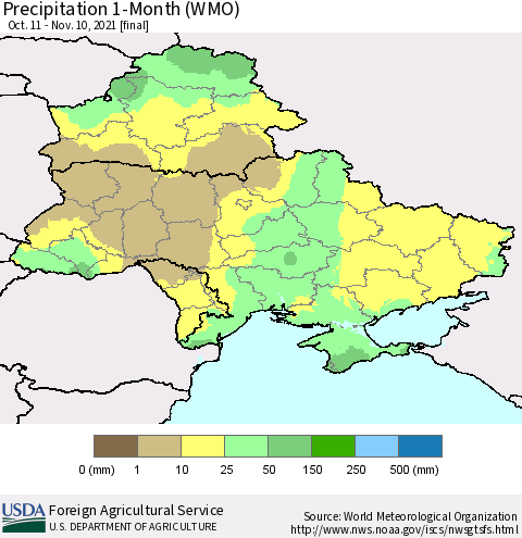Ukraine, Moldova and Belarus Precipitation 1-Month (WMO) Thematic Map For 10/11/2021 - 11/10/2021