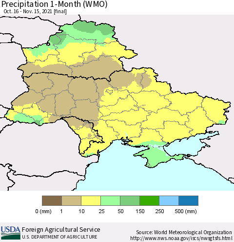 Ukraine, Moldova and Belarus Precipitation 1-Month (WMO) Thematic Map For 10/16/2021 - 11/15/2021