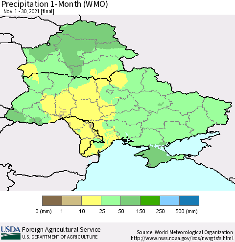 Ukraine, Moldova and Belarus Precipitation 1-Month (WMO) Thematic Map For 11/1/2021 - 11/30/2021