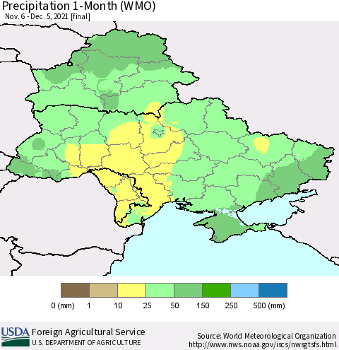Ukraine, Moldova and Belarus Precipitation 1-Month (WMO) Thematic Map For 11/6/2021 - 12/5/2021