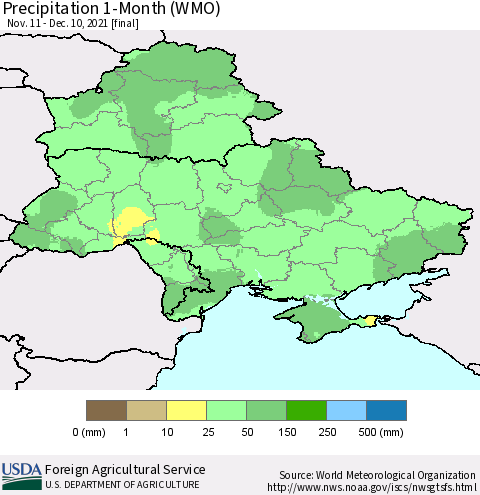 Ukraine, Moldova and Belarus Precipitation 1-Month (WMO) Thematic Map For 11/11/2021 - 12/10/2021