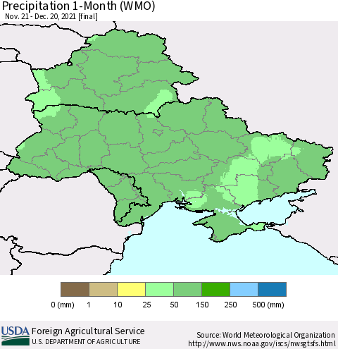 Ukraine, Moldova and Belarus Precipitation 1-Month (WMO) Thematic Map For 11/21/2021 - 12/20/2021