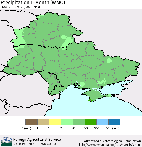Ukraine, Moldova and Belarus Precipitation 1-Month (WMO) Thematic Map For 11/26/2021 - 12/25/2021