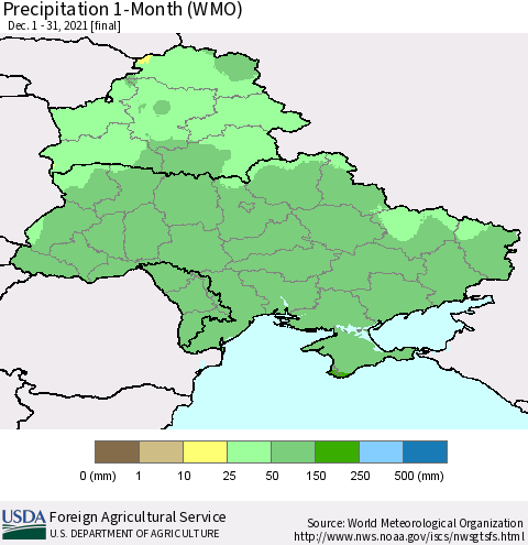 Ukraine, Moldova and Belarus Precipitation 1-Month (WMO) Thematic Map For 12/1/2021 - 12/31/2021