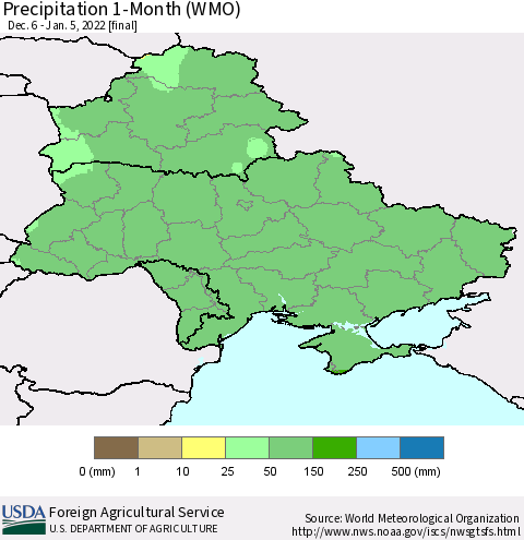 Ukraine, Moldova and Belarus Precipitation 1-Month (WMO) Thematic Map For 12/6/2021 - 1/5/2022