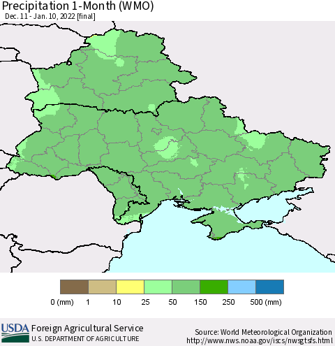 Ukraine, Moldova and Belarus Precipitation 1-Month (WMO) Thematic Map For 12/11/2021 - 1/10/2022