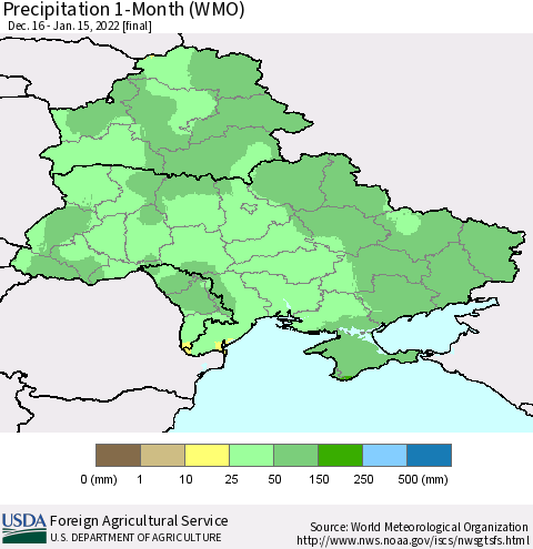 Ukraine, Moldova and Belarus Precipitation 1-Month (WMO) Thematic Map For 12/16/2021 - 1/15/2022