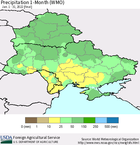 Ukraine, Moldova and Belarus Precipitation 1-Month (WMO) Thematic Map For 1/1/2022 - 1/31/2022