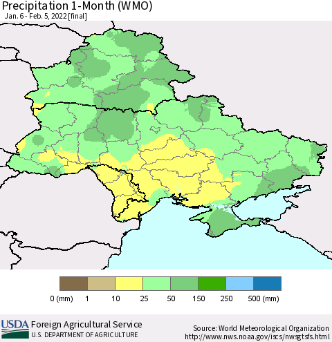 Ukraine, Moldova and Belarus Precipitation 1-Month (WMO) Thematic Map For 1/6/2022 - 2/5/2022