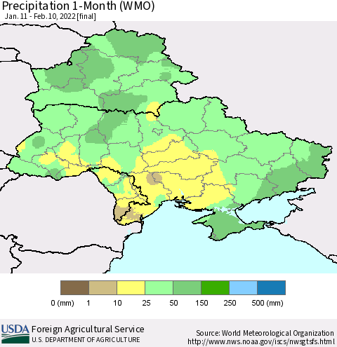 Ukraine, Moldova and Belarus Precipitation 1-Month (WMO) Thematic Map For 1/11/2022 - 2/10/2022