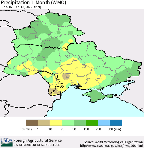 Ukraine, Moldova and Belarus Precipitation 1-Month (WMO) Thematic Map For 1/16/2022 - 2/15/2022