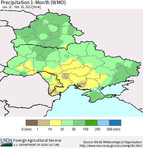Ukraine, Moldova and Belarus Precipitation 1-Month (WMO) Thematic Map For 1/21/2022 - 2/20/2022