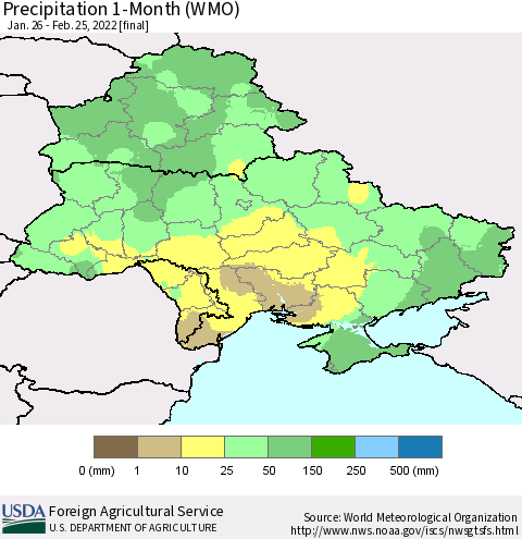 Ukraine, Moldova and Belarus Precipitation 1-Month (WMO) Thematic Map For 1/26/2022 - 2/25/2022