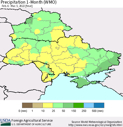 Ukraine, Moldova and Belarus Precipitation 1-Month (WMO) Thematic Map For 2/6/2022 - 3/5/2022