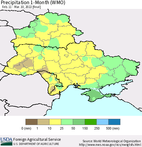 Ukraine, Moldova and Belarus Precipitation 1-Month (WMO) Thematic Map For 2/11/2022 - 3/10/2022