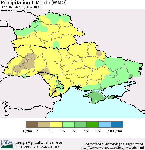 Ukraine, Moldova and Belarus Precipitation 1-Month (WMO) Thematic Map For 2/16/2022 - 3/15/2022