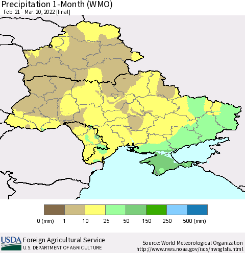 Ukraine, Moldova and Belarus Precipitation 1-Month (WMO) Thematic Map For 2/21/2022 - 3/20/2022