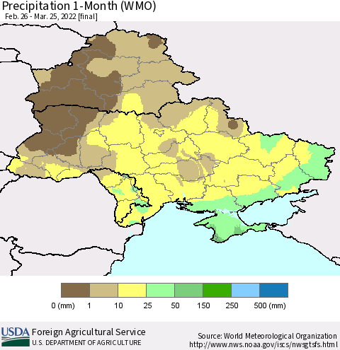 Ukraine, Moldova and Belarus Precipitation 1-Month (WMO) Thematic Map For 2/26/2022 - 3/25/2022