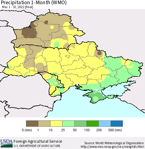Ukraine, Moldova and Belarus Precipitation 1-Month (WMO) Thematic Map For 3/1/2022 - 3/31/2022