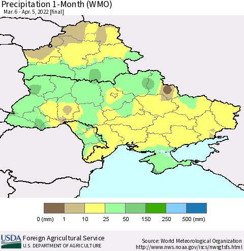 Ukraine, Moldova and Belarus Precipitation 1-Month (WMO) Thematic Map For 3/6/2022 - 4/5/2022