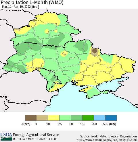Ukraine, Moldova and Belarus Precipitation 1-Month (WMO) Thematic Map For 3/11/2022 - 4/10/2022