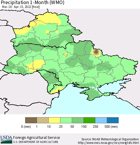 Ukraine, Moldova and Belarus Precipitation 1-Month (WMO) Thematic Map For 3/16/2022 - 4/15/2022